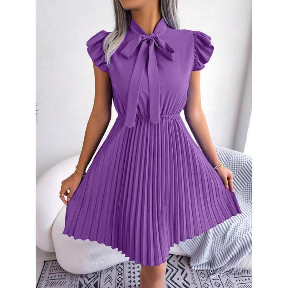 Tie Waist Cap Sleeve A-Line Pleated Midi Dress, European And Ame